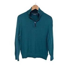 Nautica Men's Quarter Zip Sweater Medium Teal Blue Pullover Preppy Classic EUC